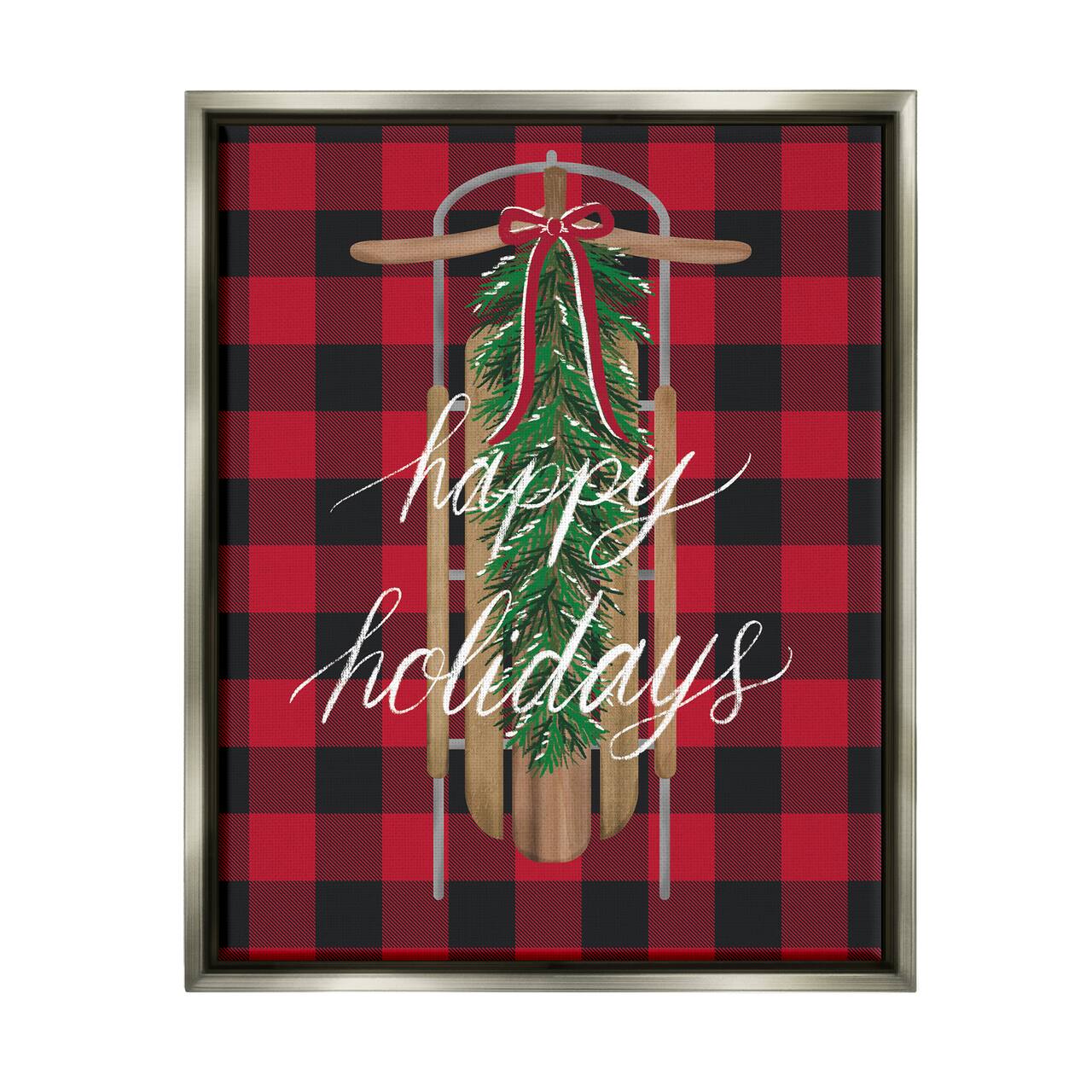 Stupell Industries Happy Holidays Tartan Sled Framed Floater Canvas Wall Art
